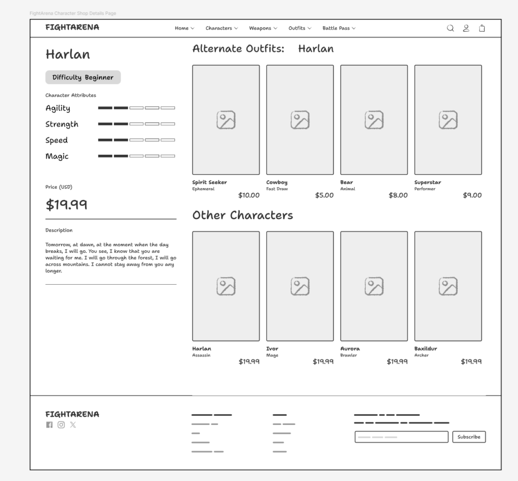 A wireframe of a mock web store for a nonexistent video game called "FightArena", looking at a page for a character called Harlan. There are alternate outfits, other characters, character stats, and prices listed for specific elements like the character and each outfit. The style is grey and black and white line art with marker-like fonts.